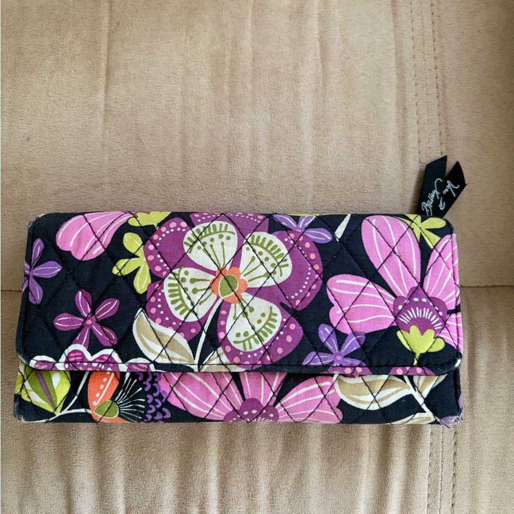 New Vera Bradley Quilted Floral Wallet in Black with Pink & Purple Accents